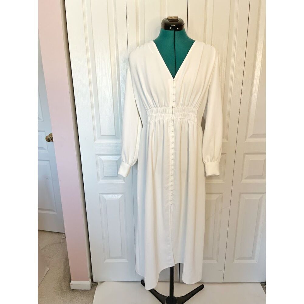 Zara Midi V Neck Button Smocked Polyester Ivory Casual Dress